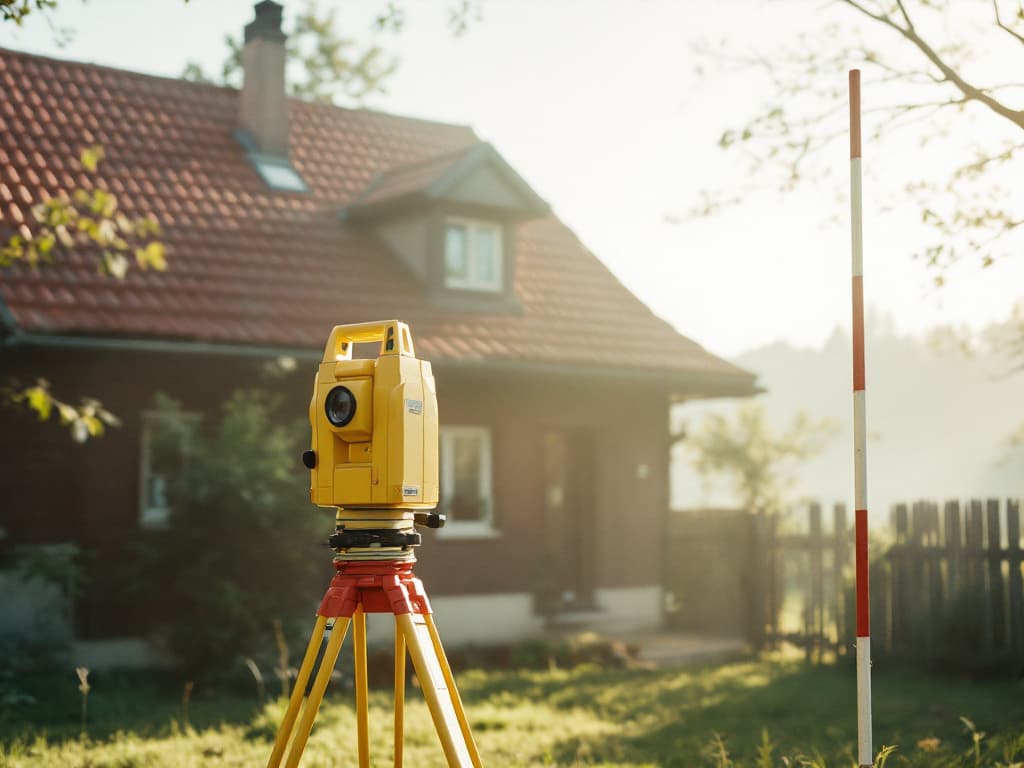 Geodetski instrument na stativu na vrtu družinske hiše